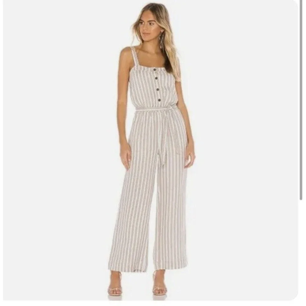 Chaser Wide Leg Tie Waist Jumpsuit Tan, White‎ Stripe Extra Small NWT Miss Belt